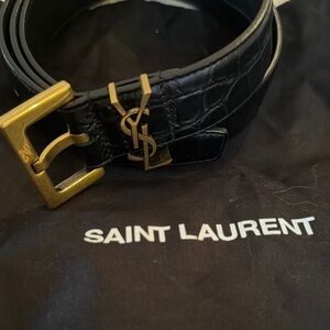 Saint Laurent Black Leather Belt with Gold Buckle